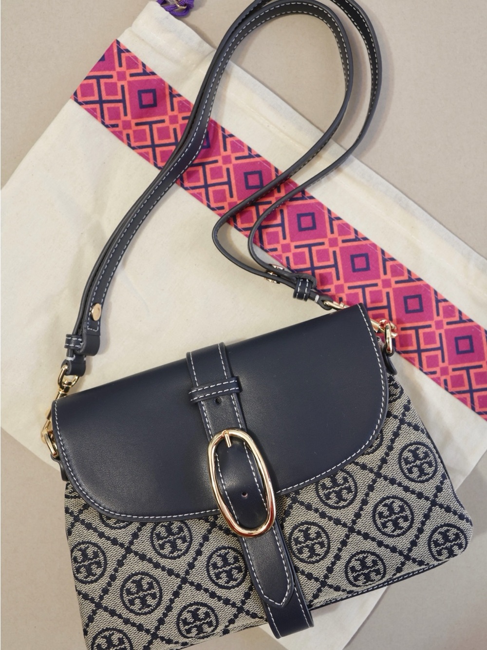 Tory Burch Navy & Beige Crossbody Bag with Gold Buckle